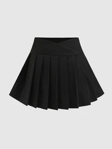 SHEIN Tween女孩春夏休閒運動高彈力舒適腰部百褶喇叭裙附口袋瑜伽服黑色 - 黑色 - 查看 2