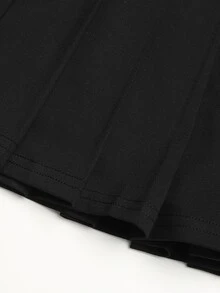 SHEIN Tween女孩春夏休閒運動高彈力舒適腰部百褶喇叭裙附口袋瑜伽服黑色 - 黑色 - 查看 5