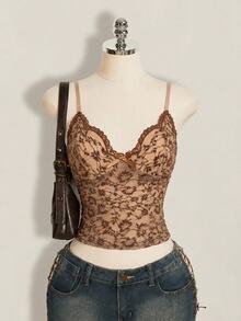 SHEIN ICON Contrast Lace Ruched Y2k Cami Top - Brown - View 8