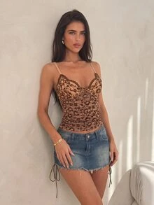 SHEIN ICON Contrast Lace Ruched Y2k Cami Top - Brown - View 5