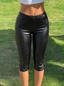 SHEIN EZwear 女款性感時尚蕾絲拼接PU材質七分褲 - 黑色 - 查看 10