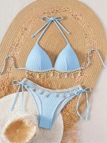 Swim Vcay Springbreak纯色纹理面料贝壳肩带装饰挂脖比基尼上衣和系带三角比基尼下装，夏季沙滩派对泳装套装（女士款） - 藍色 - 查看 6