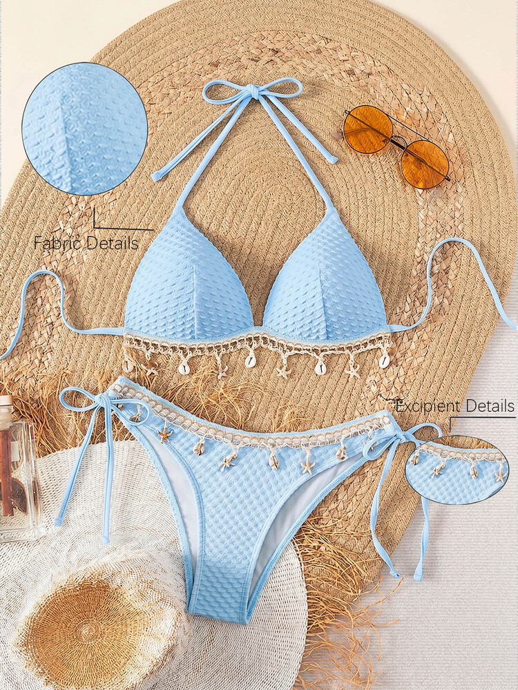 Swim Vcay Baby Blue Textured Halter Bikini Top & Tie-Side Triangle Bottom Set,Shell Strap Decor Summer Boho Beach Holiday Holiday Swimwear For Women - Blue - View 1