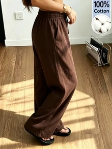 SHEIN Sparklyn Teen Girls Straight Spring/Summer Casual Daily Wear Versatile Comfortable Solid Color Long Pants With Pockets,Back To School,Girls Summer Clothes - Brown - View 3