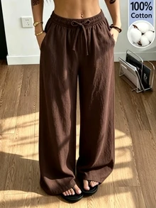 SHEIN Sparklyn Teen Girls Straight Spring/Summer Casual Daily Wear Versatile Comfortable Solid Color Long Pants With Pockets,Back To School,Girls Summer Clothes - Brown - View 1