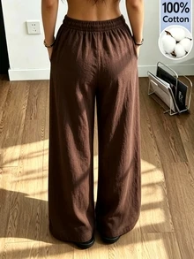 SHEIN Sparklyn Teen Girls Straight Spring/Summer Casual Daily Wear Versatile Comfortable Solid Color Long Pants With Pockets,Back To School,Girls Summer Clothes - Brown - View 2