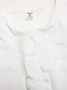 SHEIN 少女誇張大領口燒花蝴蝶結圖案長袖白色襯衫，返校季 - 白色 - 查看 4