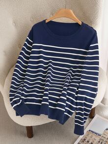 CosyJoli Suéter de talla grande con patrón de rayas - Azul Marino - Ver 2