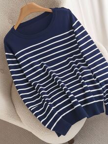 CosyJoli Suéter de talla grande con patrón de rayas - Azul Marino - Ver 5