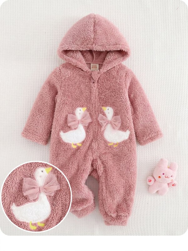 SHEIN Newborn Baby Girl Cute Casual Knitted Pink Duck Pattern Hooded Autumn Winter Romper