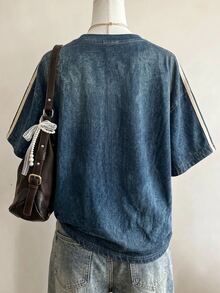Lalippa Brooklyn Letter Faux Denim Digital Print, Woven Trim Craftsmanship, Fashionable Minimalist Women's Oversized Mid-Length Round Neck Drop Shoulder T-Shirt, Gift For Friends - Multicolor - View 2