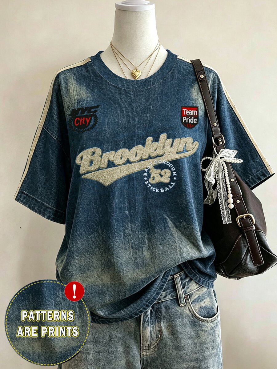 Lalippa Brooklyn Letter Faux Denim Digital Print, Woven Trim Craftsmanship, Fashionable Minimalist Women's Oversized Mid-Length Round Neck Drop Shoulder T-Shirt, Gift For Friends - Multicolor - View 1