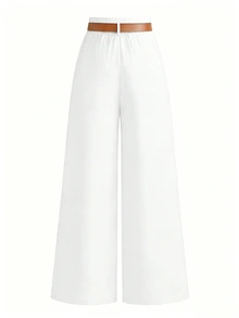SHEIN Tall CURVE 加大码 TALL 系列女士简约褶裥直筒裤，适合通勤 - 白色 - 查看 2