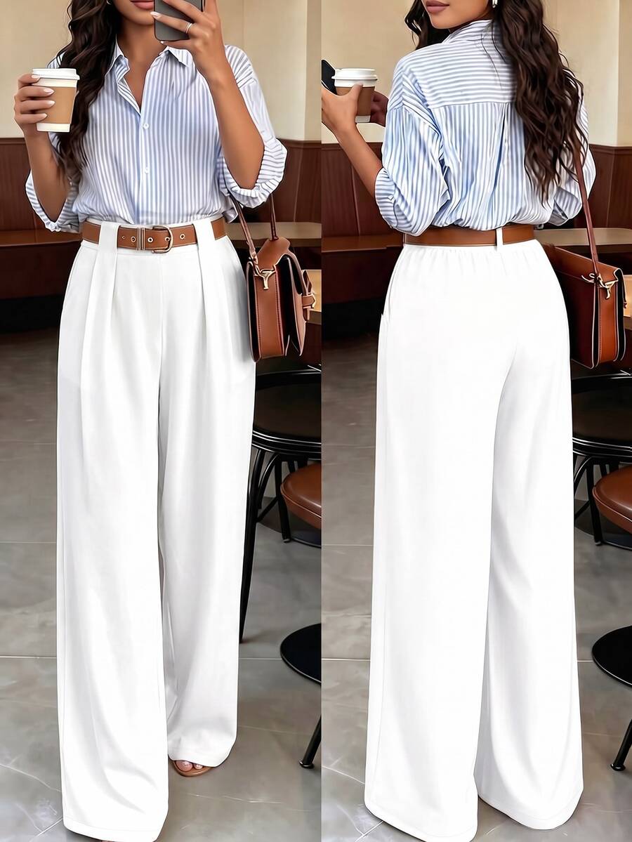 SHEIN Tall CURVE 加大码 TALL 系列女士简约褶裥直筒裤,适合通勤 - 白色 - 查看 1