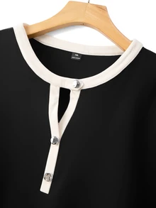 SHEIN LUNE CURVE Plus Size Colorblock Patchwork Soft Knit Round Neck V-Notch Button Decor Long Sleeve Fitted T-Shirt Elegant Casual Homewear Party Black And White Fall - Multicolor - View 10