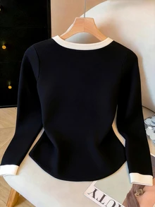 SHEIN LUNE CURVE Plus Size Colorblock Patchwork Soft Knit Round Neck V-Notch Button Decor Long Sleeve Fitted T-Shirt Elegant Casual Homewear Party Black And White Fall - Multicolor - View 3