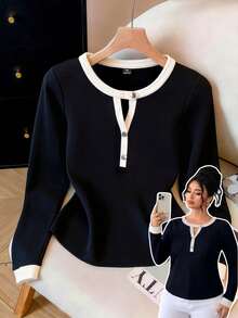 SHEIN LUNE CURVE Plus Size Colorblock Patchwork Soft Knit Round Neck V-Notch Button Decor Long Sleeve Fitted T-Shirt Elegant Casual Homewear Party Black And White Fall - Multicolor - View 2