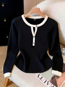 SHEIN LUNE CURVE Plus Size Colorblock Patchwork Soft Knit Round Neck V-Notch Button Decor Long Sleeve Fitted T-Shirt Elegant Casual Homewear Party Black And White Fall - Multicolor - View 4