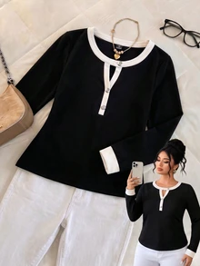 SHEIN LUNE CURVE Plus Size Colorblock Patchwork Soft Knit Round Neck V-Notch Button Decor Long Sleeve Fitted T-Shirt Elegant Casual Homewear Party Black And White Fall - Multicolor - View 8