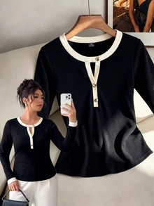 SHEIN LUNE CURVE Plus Size Colorblock Patchwork Soft Knit Round Neck V-Notch Button Decor Long Sleeve Fitted T-Shirt Elegant Casual Homewear Party Black And White Fall - Multicolor - View 9
