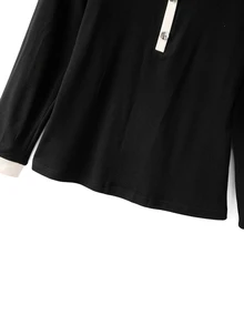SHEIN LUNE CURVE Plus Size Colorblock Patchwork Soft Knit Round Neck V-Notch Button Decor Long Sleeve Fitted T-Shirt Elegant Casual Homewear Party Black And White Fall - Multicolor - View 5