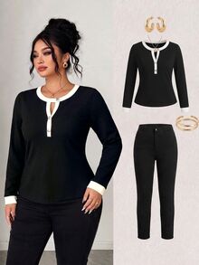 SHEIN LUNE CURVE Plus Size Colorblock Patchwork Soft Knit Round Neck V-Notch Button Decor Long Sleeve Fitted T-Shirt Elegant Casual Homewear Party Black And White Fall - Multicolor - View 1