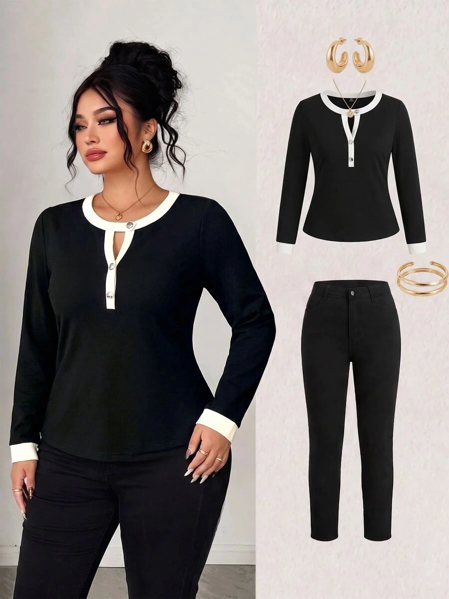 SHEIN LUNE CURVE Plus Size Colorblock Patchwork Soft Knit Round Neck V-Notch Button Decor Long Sleeve Fitted T-Shirt Elegant Casual Homewear Party Black And White Fall - Multicolor - View 1