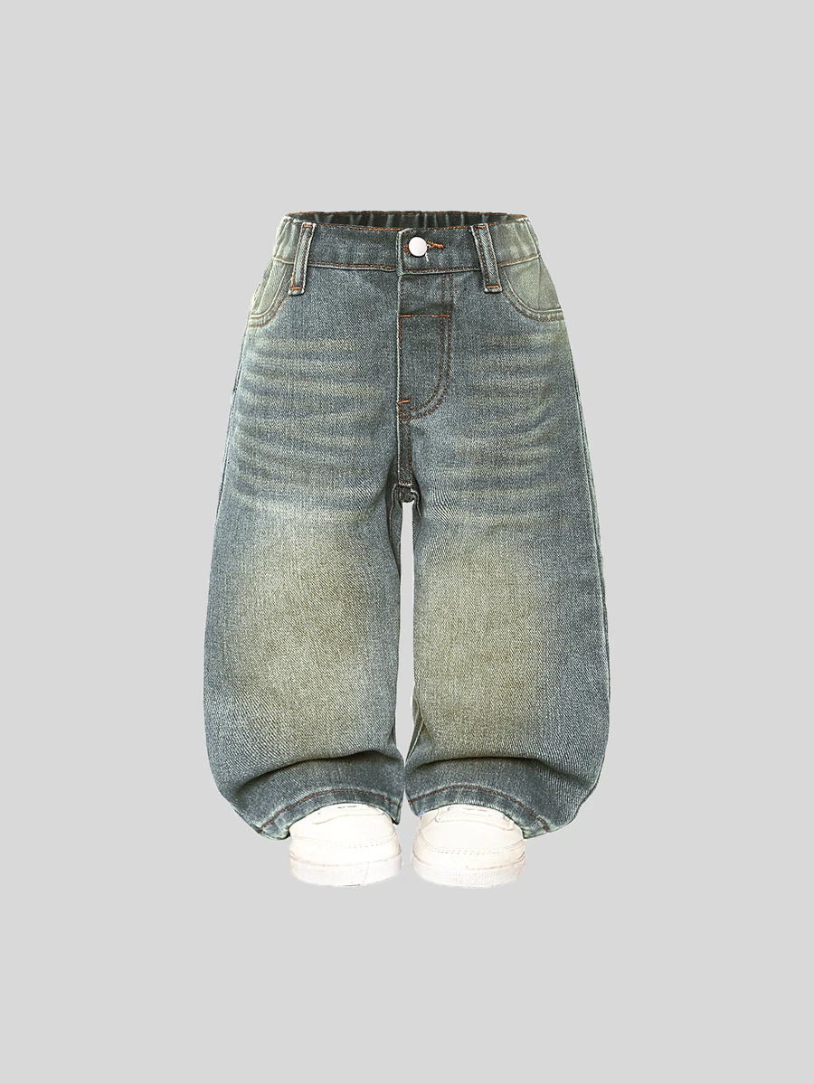 SHEIN Playful Pals Baby Girl Casual Versatile Simple Y2K Streetwear Distressed Loose Straight Washed Blue Comfortable Jeans, Suitable For Daily Wear