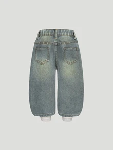 SHEIN Playful Pals Baby Girl Casual Versatile Simple Y2K Streetwear Distressed Loose Straight Washed Blue Comfortable Jeans, Suitable For Daily Wear - Light Wash - View 3