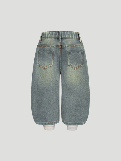 SHEIN Playful Pals Baby Girl Casual Versatile Simple Y2K Streetwear Distressed Loose Straight Washed Blue Comfortable Jeans, Suitable For Daily Wear