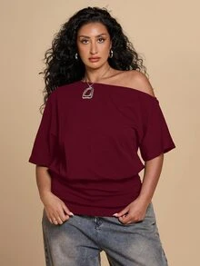 SHEIN BAE CURVE 大尺碼女款夏季休閒純色不對稱領口T恤 - 酒紅色 - 查看 5