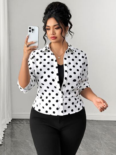 Elenzga Blusa corta de manga larga con cuello y botones, cintura ceñida, tela de punto suave con patchwork de lunares, 2 en 1, talla grande, elegante para salidas, citas, reuniones, uso diario, estilo minimalista