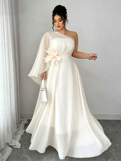 Elenzga Plus Size Spring/Summer Pale Pink Double Layer Chiffon Asymmetrical Shoulder Cape Dress With Heavy Embellishment, Ribbon, 3D Floral Design, A-Line Waist-Cinching Slimming Elegant Sophisticated Vacation-Ready Sleeveless Long Dress For Women