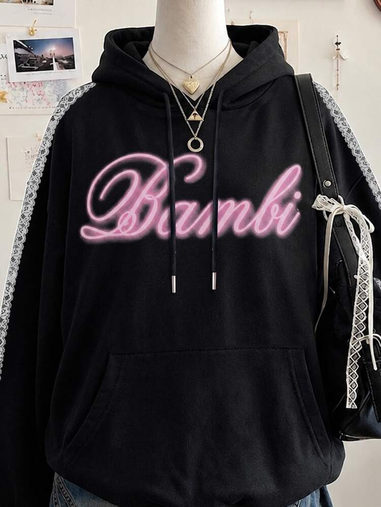 Lalippa Letter Print Lace Craft Fashion Women's Autumn/Winter Regular Fit Hooded Long Sleeve Sweatshirt, Gift For Friends - Black - View 3