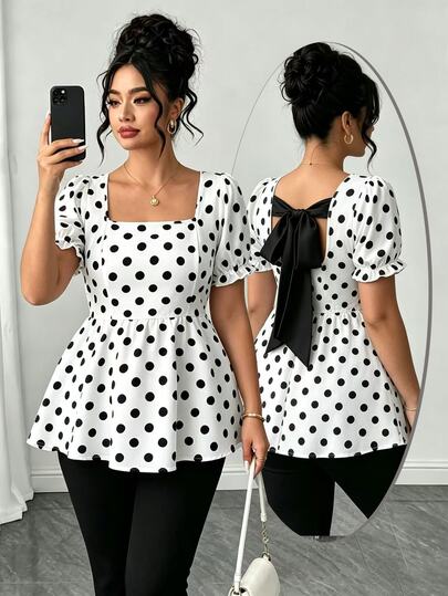 Elenzga Plus Size Women's French Casual Elegant Vacation Woven Polka Dot Square Neck Puff Sleeve Flared Hem Top Backless Contrast Tie Bow Birthday