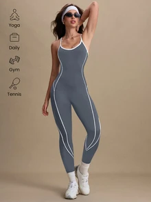 Dewbera Dewbera Women's Fashionable Seamless Criss-Cross Backless Sports Jumpsuit, Summer - Grey - View 3