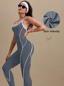 Dewbera Dewbera Women's Fashionable Seamless Criss-Cross Backless Sports Jumpsuit, Summer - Grey - View 2
