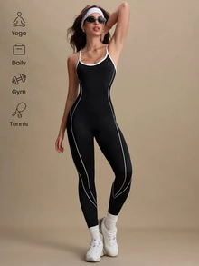 Dewbera Dewbera جمبسوت رياضي بدون ظهر بدون خياطة باللونين الأسود والأبيض، كاميسول، ملابس رياضية صيفية محتشمة للجيم - أبيض وأسود - مشاهدة 11