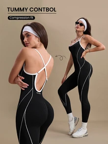 Dewbera Dewbera جمبسوت رياضي بدون ظهر بدون خياطة باللونين الأسود والأبيض، كاميسول، ملابس رياضية صيفية محتشمة للجيم - أبيض وأسود - مشاهدة 2