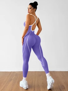 Slayform Slayform Women's Seamless Backless Criss-Cross Strap Jumpsuit - Purple - View 2