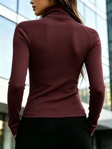 SHEIN 女款秋季極簡休閒純色拉鍊高領修身長袖T恤 辦公通勤酒紅色 - 酒紅色 - 查看 2
