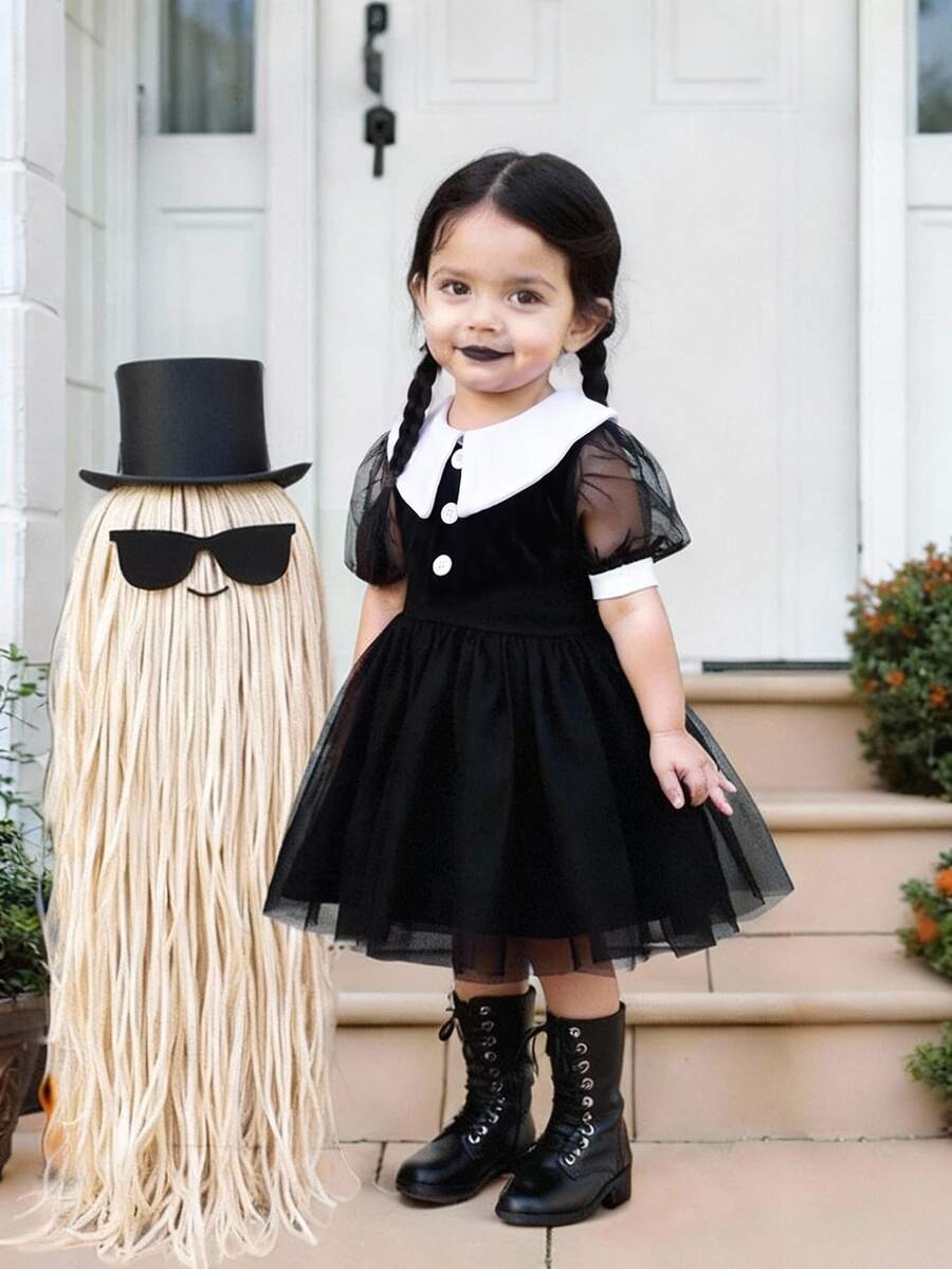 Baby Girl Contrast Color Peter Pan Collar Contrast Mesh Short Petal Sleeve Dress - Black - View 1