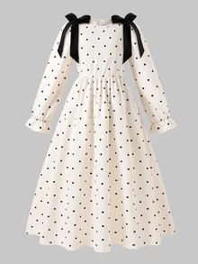 SHEIN 青少年女孩秋季休閒優雅度假洋裝，寬鬆圓領長袖黑色蝴蝶結裝飾，黑白波點印花，荷葉邊袖口 - 彩色 - 查看 3