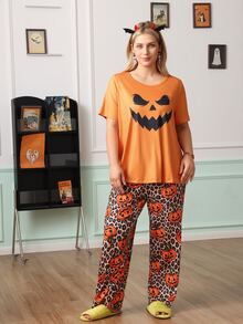 Chillnights Halloween Young Fashion Vibrant Fun Ghost Expression Pumpkin Leopard Print Casual Home Plus Size Women's Pajama Set - Multicolor - View 7