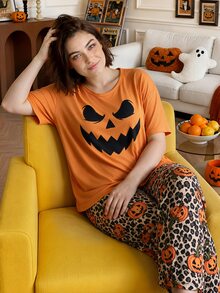 Chillnights Halloween Young Fashion Vibrant Fun Ghost Expression Pumpkin Leopard Print Casual Home Plus Size Women's Pajama Set - Multicolor - View 11