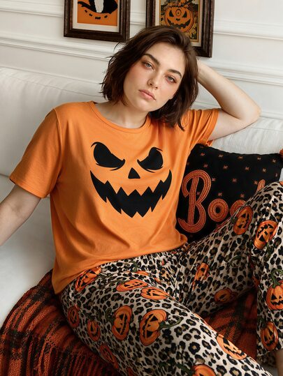 Chillnights Halloween Young Fashion Vibrant Fun Ghost Expression Pumpkin Leopard Print Casual Home Plus Size Women's Pajama Set