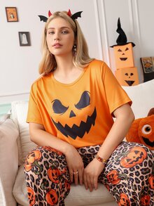 Chillnights Halloween Young Fashion Vibrant Fun Ghost Expression Pumpkin Leopard Print Casual Home Plus Size Women's Pajama Set - Multicolor - View 2