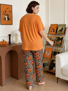 Chillnights Halloween Young Fashion Vibrant Fun Ghost Expression Pumpkin Leopard Print Casual Home Plus Size Women's Pajama Set - Multicolor - View 9