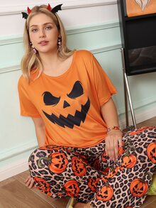 Chillnights Halloween Young Fashion Vibrant Fun Ghost Expression Pumpkin Leopard Print Casual Home Plus Size Women's Pajama Set - Multicolor - View 5
