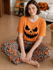 Chillnights Halloween Young Fashion Vibrant Fun Ghost Expression Pumpkin Leopard Print Casual Home Plus Size Women's Pajama Set - Multicolor - View 10